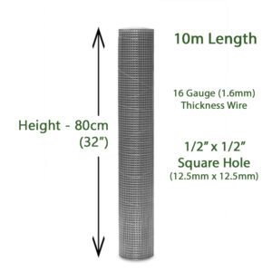 16 Gauge - 10m (80cm Wide) - 1/2" x 1/2" Hole Galvanised Welded Wire Mesh - Image 3